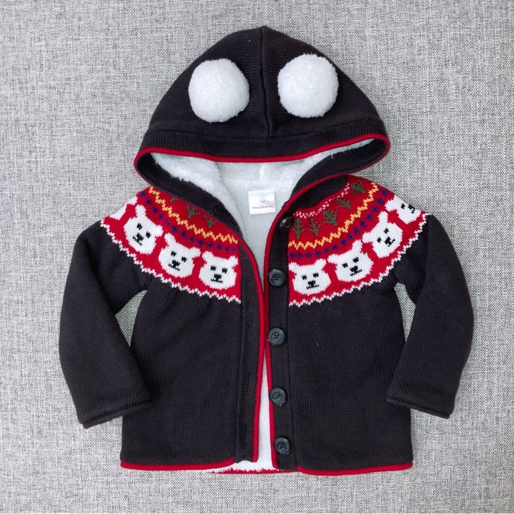 Hanna Andersson Hooded Baby Cardigan with Bear Fair Isle Yoke